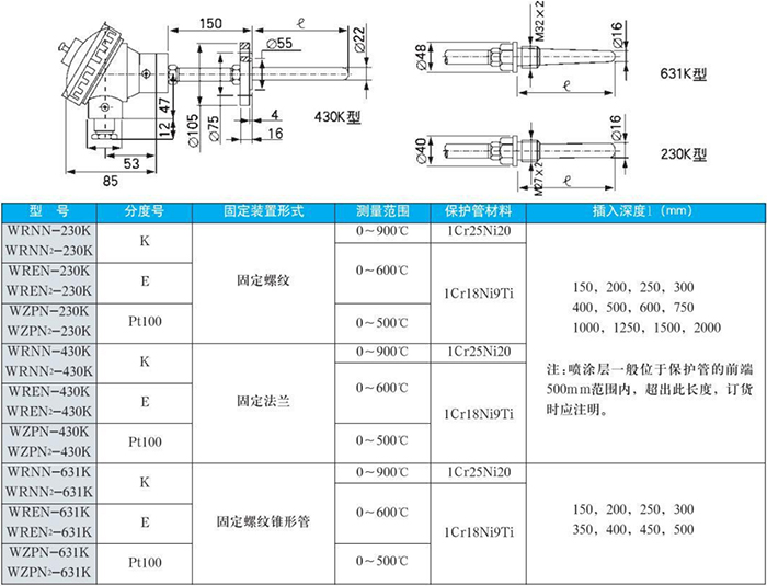 電站測溫專用熱電偶耐磨規(guī)格表